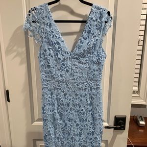 Baby blue lace knee length dress.